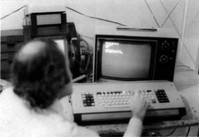 Ariel at the Shadow computer system that he designed based on a Z80 microprocessor and Matrox RGB (256 x 256) video cards