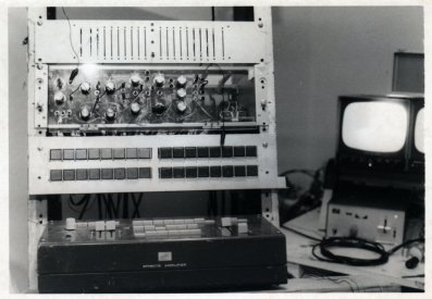 Close up of the video synth, video mixer and support equipment used for the SPK recordings.